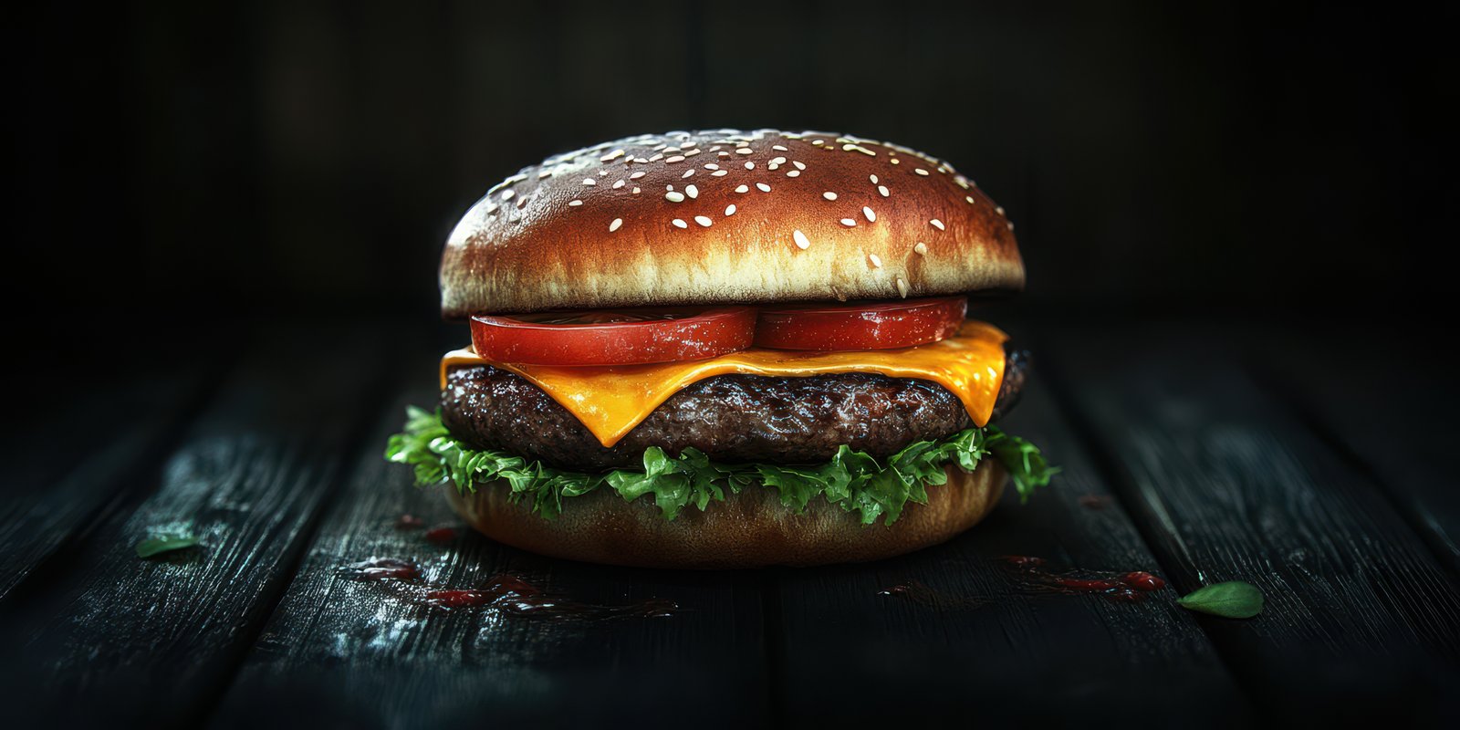 Delicious cheeseburger with fresh toppings on a rustic wooden background captured in low light